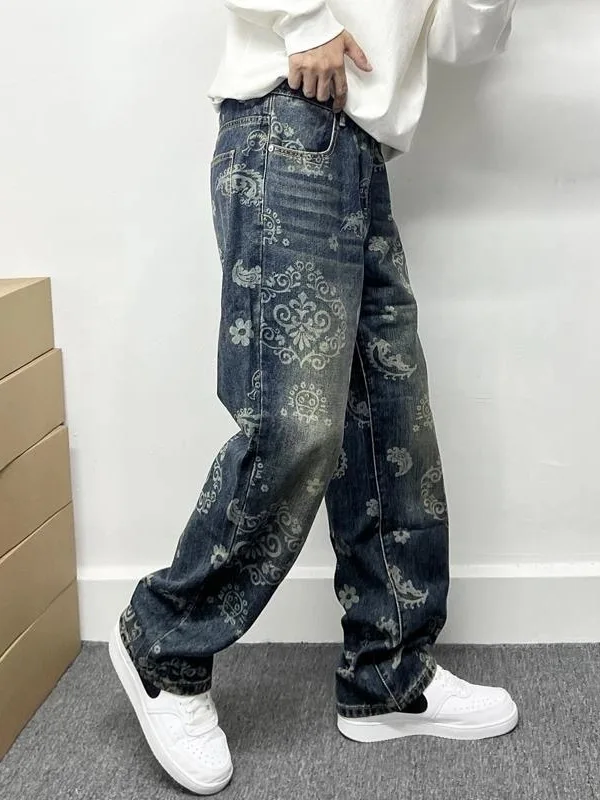 

American Sle Loose Straight Leg Men's Jeans Spring Autumn Floral Print Casual Wide Leg Long Trousers Youth Faion