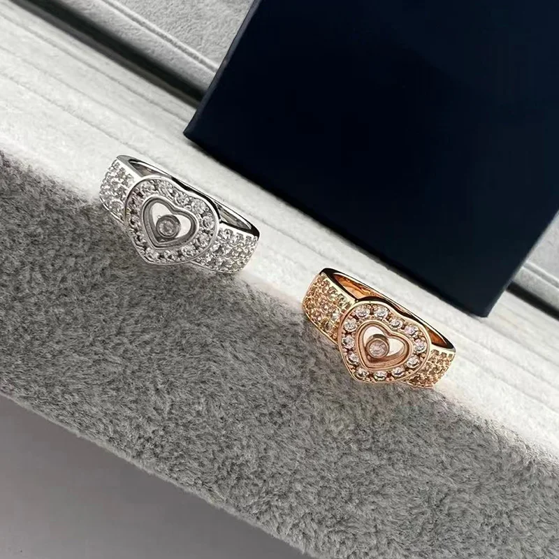 

18K Gold Plated 3 Rows Of Drills Move Stone Happy Heart Rings For Women Fine Jewelry