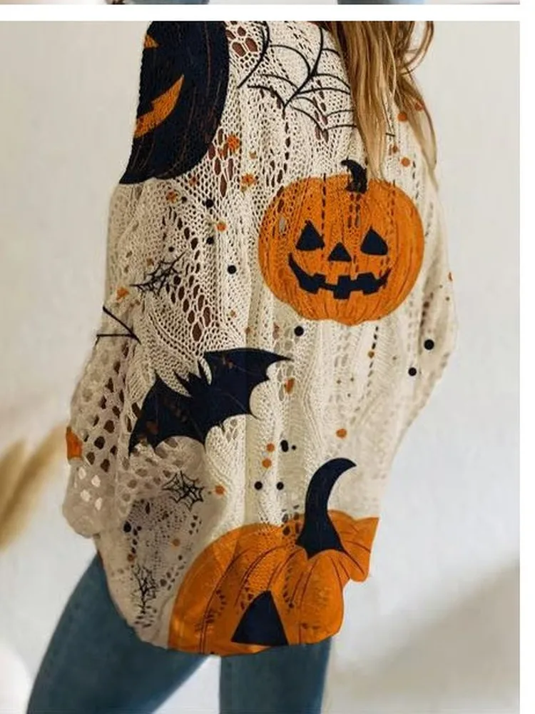 Casual Long Sleeve One-Shoulder Halloween Print Sweater Diamond Hollow out Bat Pumpkin Design Polyester Fiber Loose Fit Knitwear