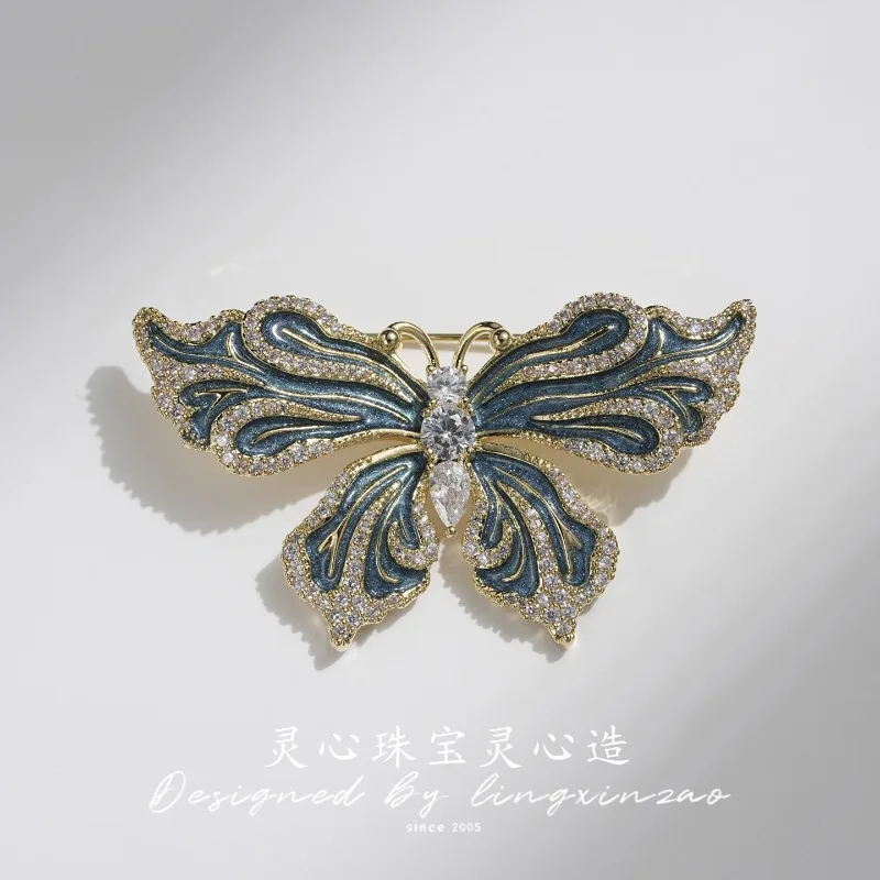 

HQ Luxury Butterfly Brooches for Women Blue Enamel Lapel Pin High-end Zircon Insects Party Coat Designer Broche De Luxe Jewelry