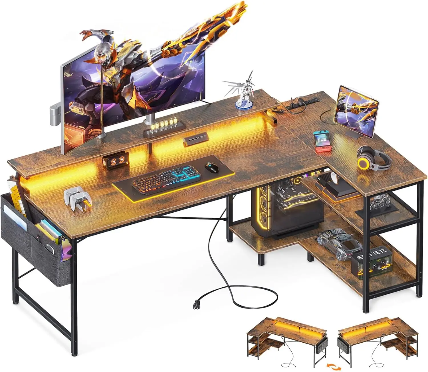 ODK-L Shaped Gaming Desk com portas de carregamento USB e luzes LED, mesa reversível do computador, prateleiras de armazenamento e monitor, 66 polegadas