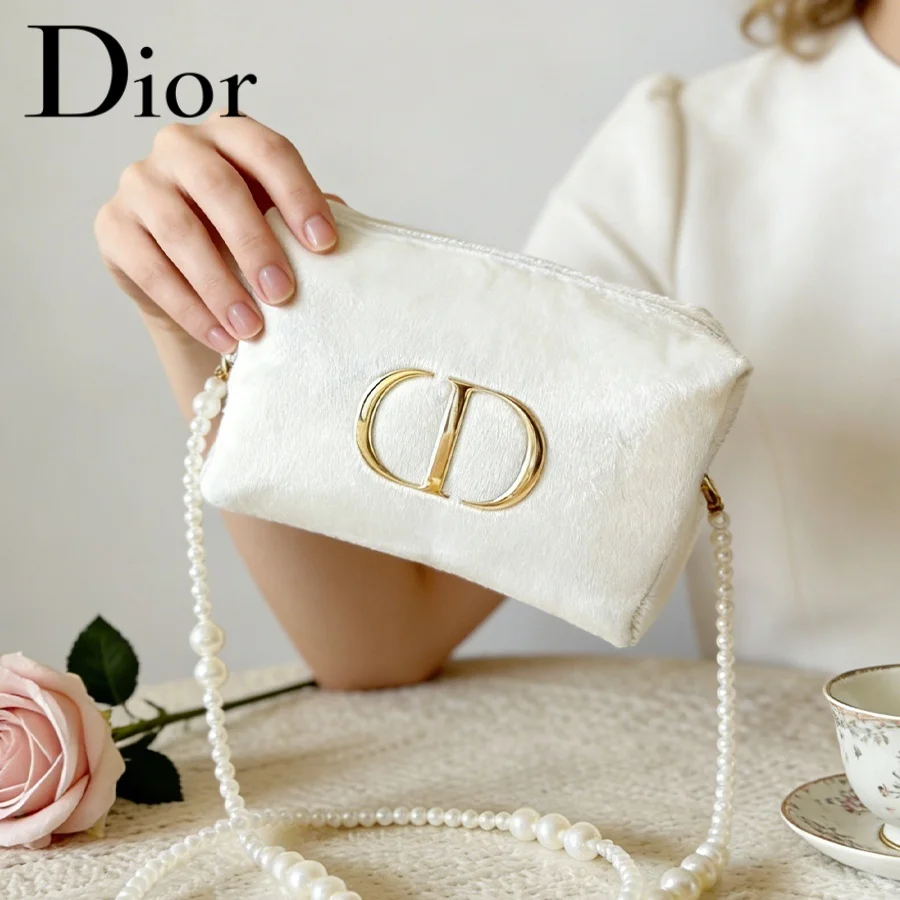 Dior’s Bag White Velvet Travel Cosmetic Bag Essential Storage Pouch For Women Simple Fashion Design With Metal Logo Perfect Gift view 4