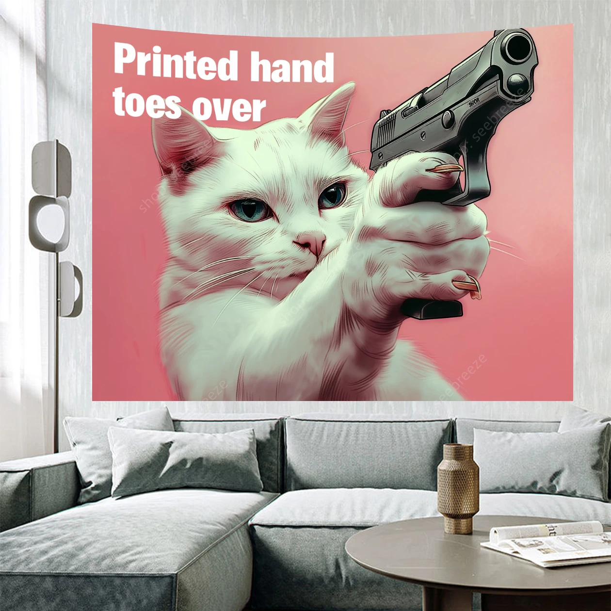 Funny Slogan Tapestry A Cat Pointing A Gun and Shouting 