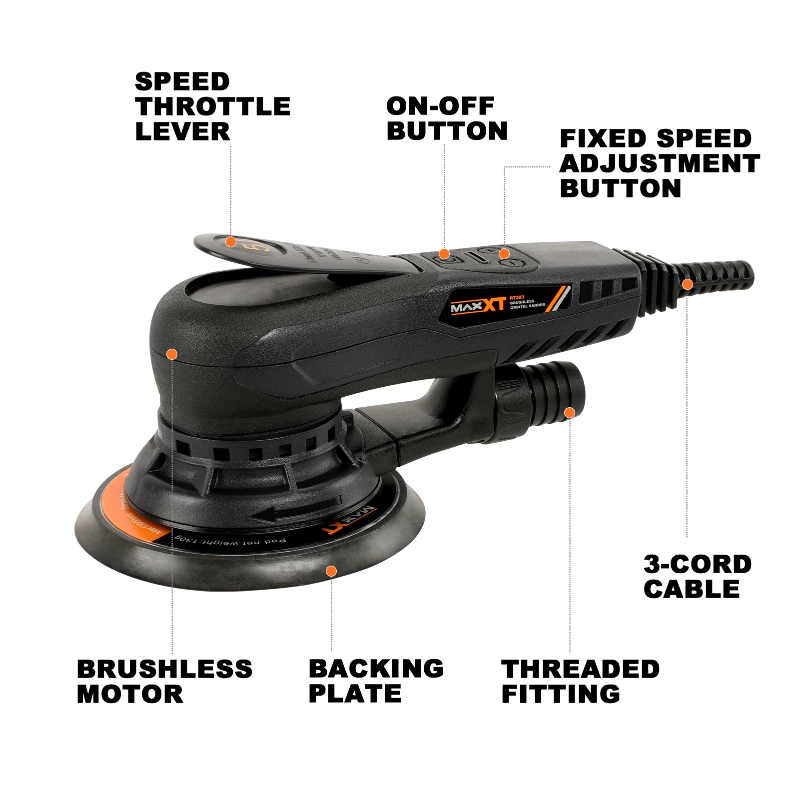 MAXXT 350W Electric Orbital Sander Woodworking Sanding Machine Car Body Polisher Brushless Motor Grinding with 150mm/125mm Pads