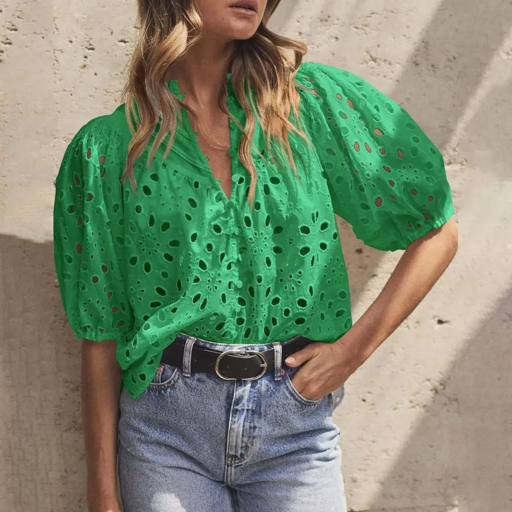 Vrouwen V-Hals Shirt Met Knoop Voor Dames Blouse Stijlvolle Zomer Tops V-Hals Lantaarn Mouw Shirt Geborduurde Blouse Streetwear