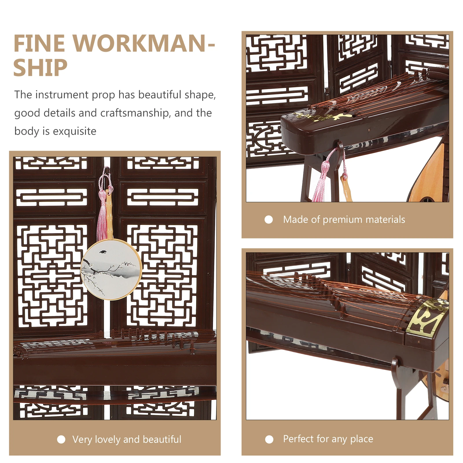 

4pcs Mini Musical Instruments Chinese Style Pipa Guzheng Fandesktop Decor Home Office Photo Props House Accessories Simulation