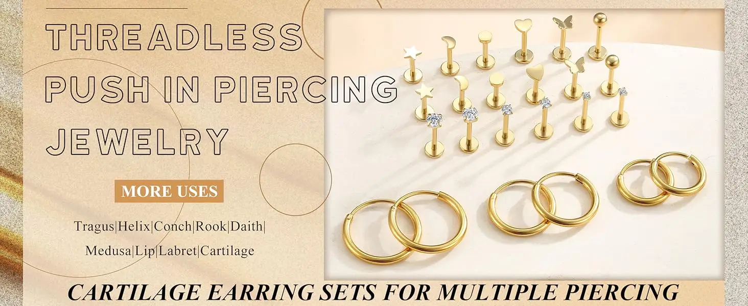 12 Pairs 316L Surgical Steel Flat Back Studs Hoop Earrings for Women Men CZ Stud Earrings Nose Stud Helix Piercing Jewelry