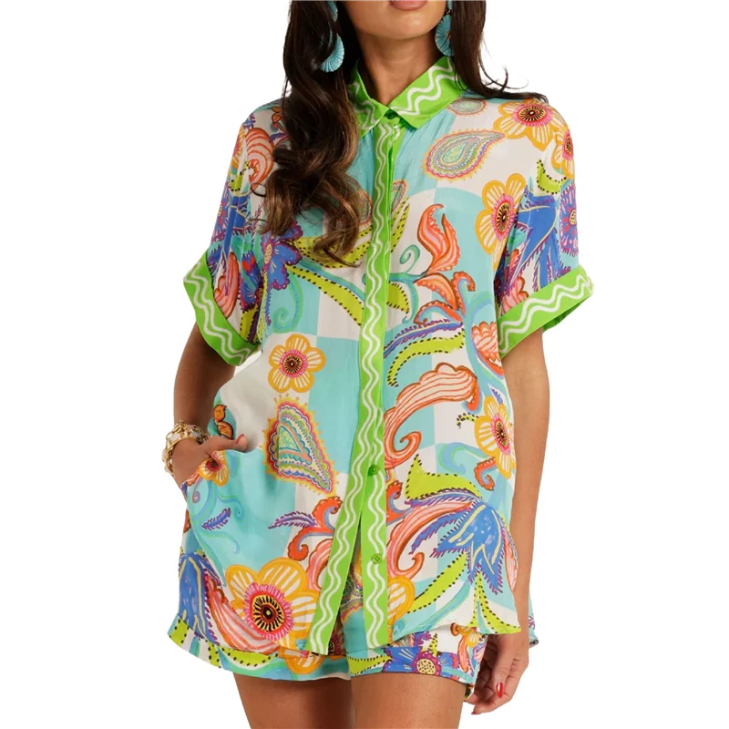 

CYL-женская одежда из двух предметов, повседневная рубашка на пуговицах с цветочным принтом, топы и шорты на шнурке, летние комплекты костюмов