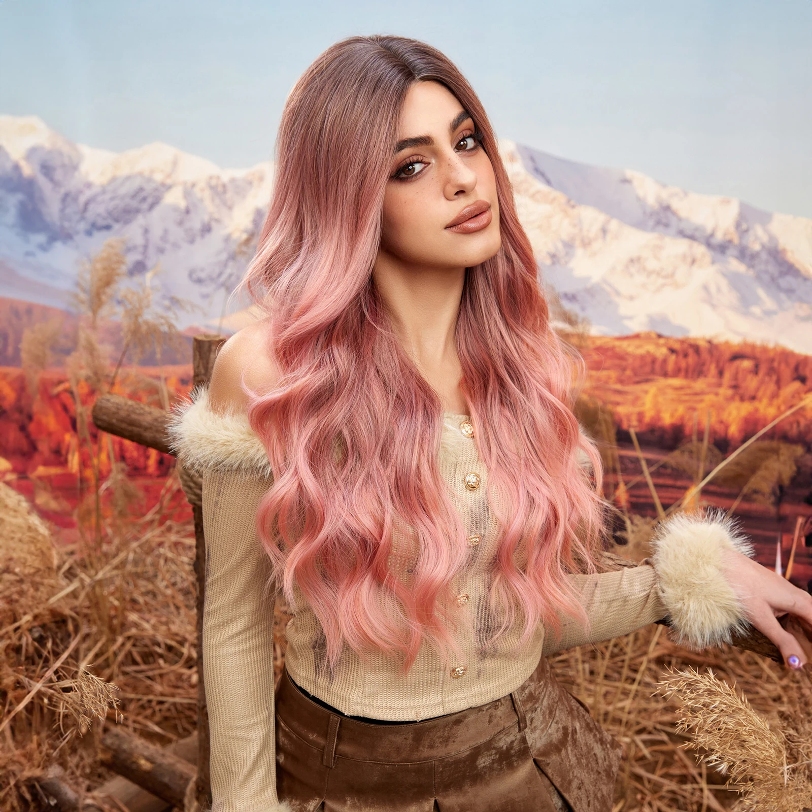 CharmSource Hairline Lace Wigs Ombre Pink Syntetyczne długie faliste peruki z kręconymi włosami z ciemnym korzeniem dla kobiet Cosplay Peruka z