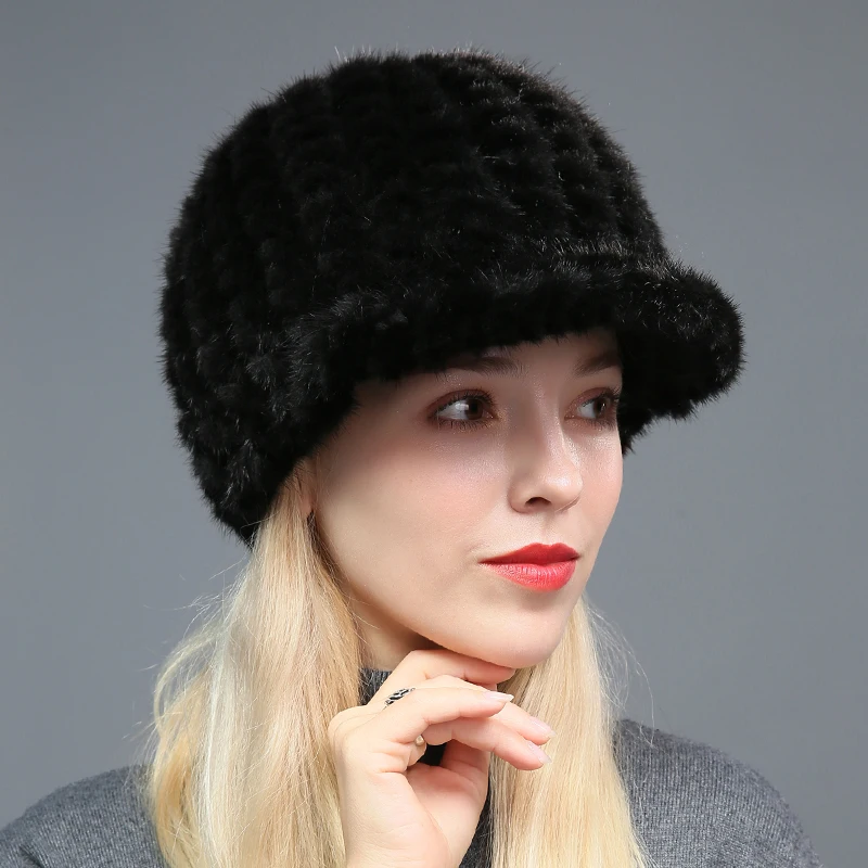 Women Real Mink Fur Hat Winter Warm Peaked Cap Visors Headwear Black Brown Wine