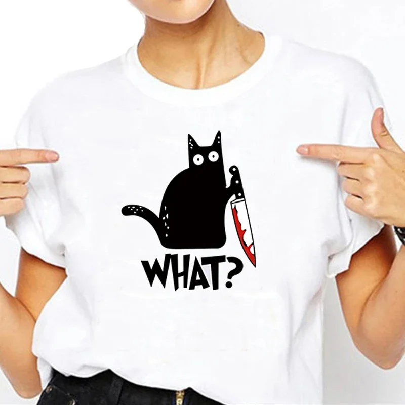 T-Shirts Summer Cool Tee Clothes Street Hip Hop Tops Kitchen Knife Black Cat Wha Print Female Short Sleeve Plus Size Breathable