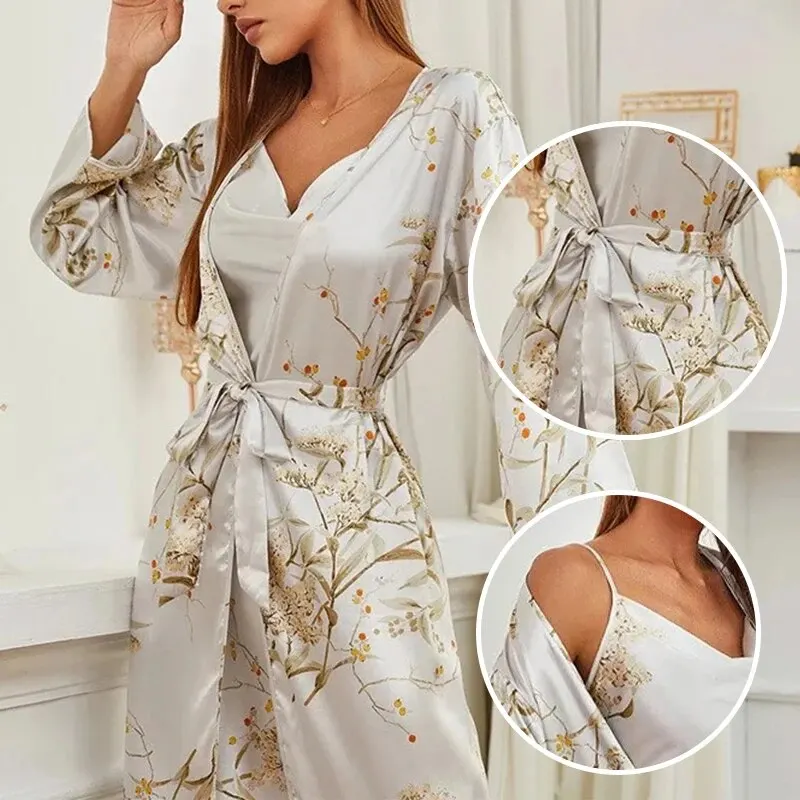 2pcs Floral Nightgown and Robe Set for Women Soft Nightdress Bathrobe New Sexy Loungewear V-Neck Sleepwear