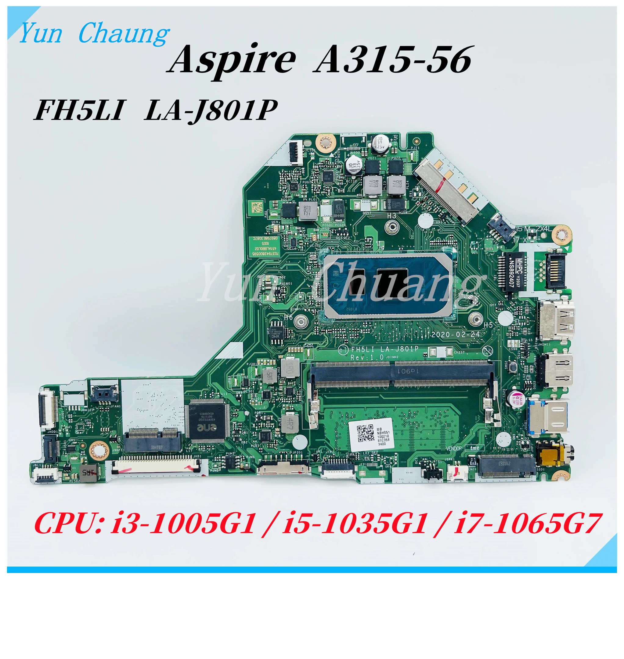 Carte mère FH5LI LA-J801P pour carte mère d'ordinateur portable Acer Aspire A315-56 NBHS 511002   Avec processeur i3 i5-1035G 4 Go de RAM DDR4 100 % fonctionnel