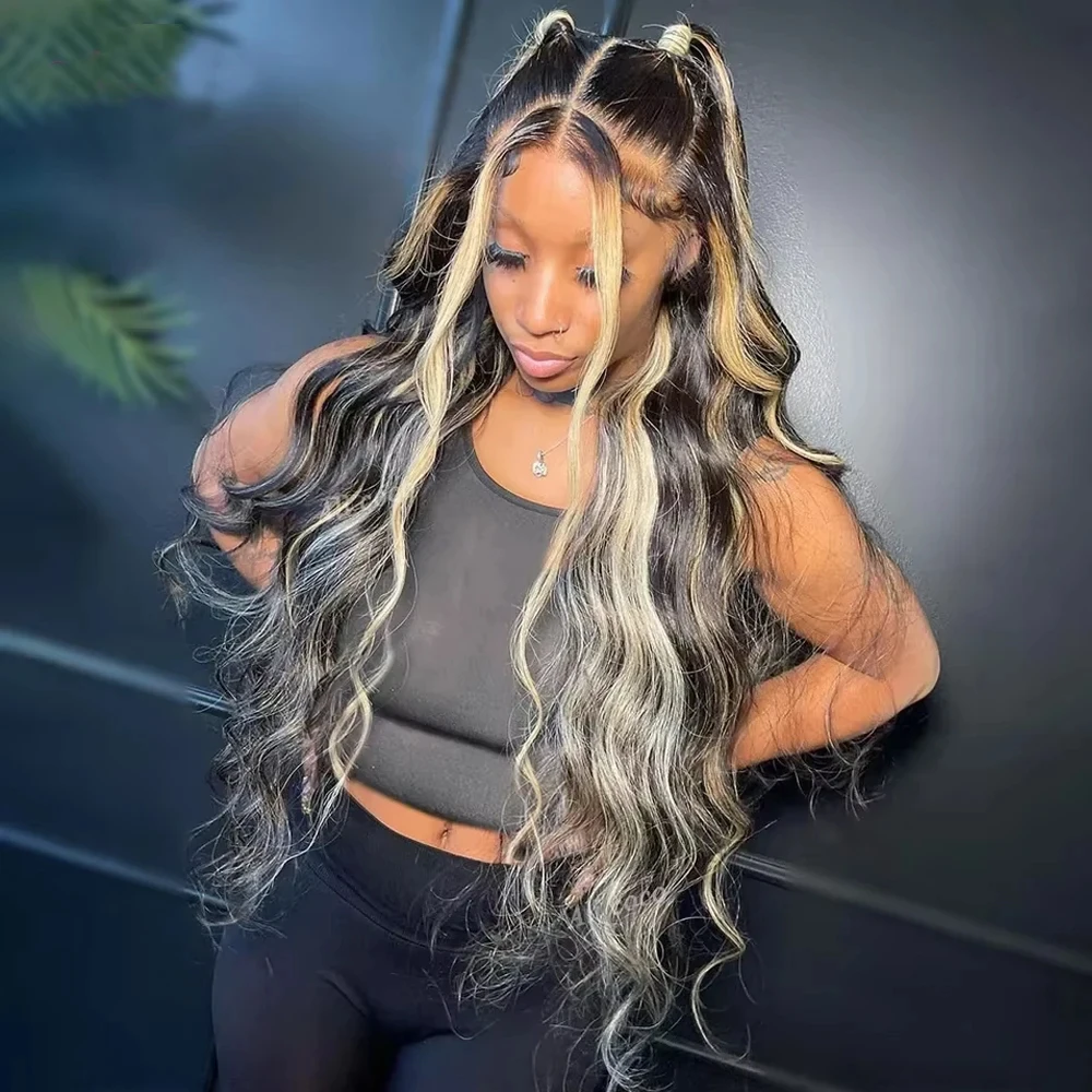 

1B/27 Body Wave 13x4 Lace Frontal Highlight Wig Human Hair Brazilian 30 Inch Ombre Blonde Colored Human Hair Wigs 250 Density