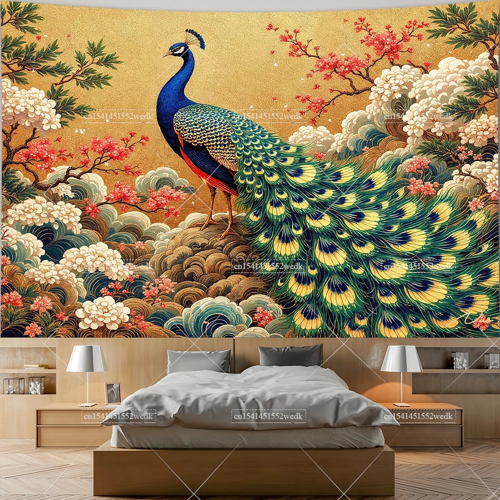 Japanese Peacock Tapestry Bird Scenic Floral Tapestries Aesthetic Wall Art Landscape Tapestrys Aestehtic Room Decor Backdrops