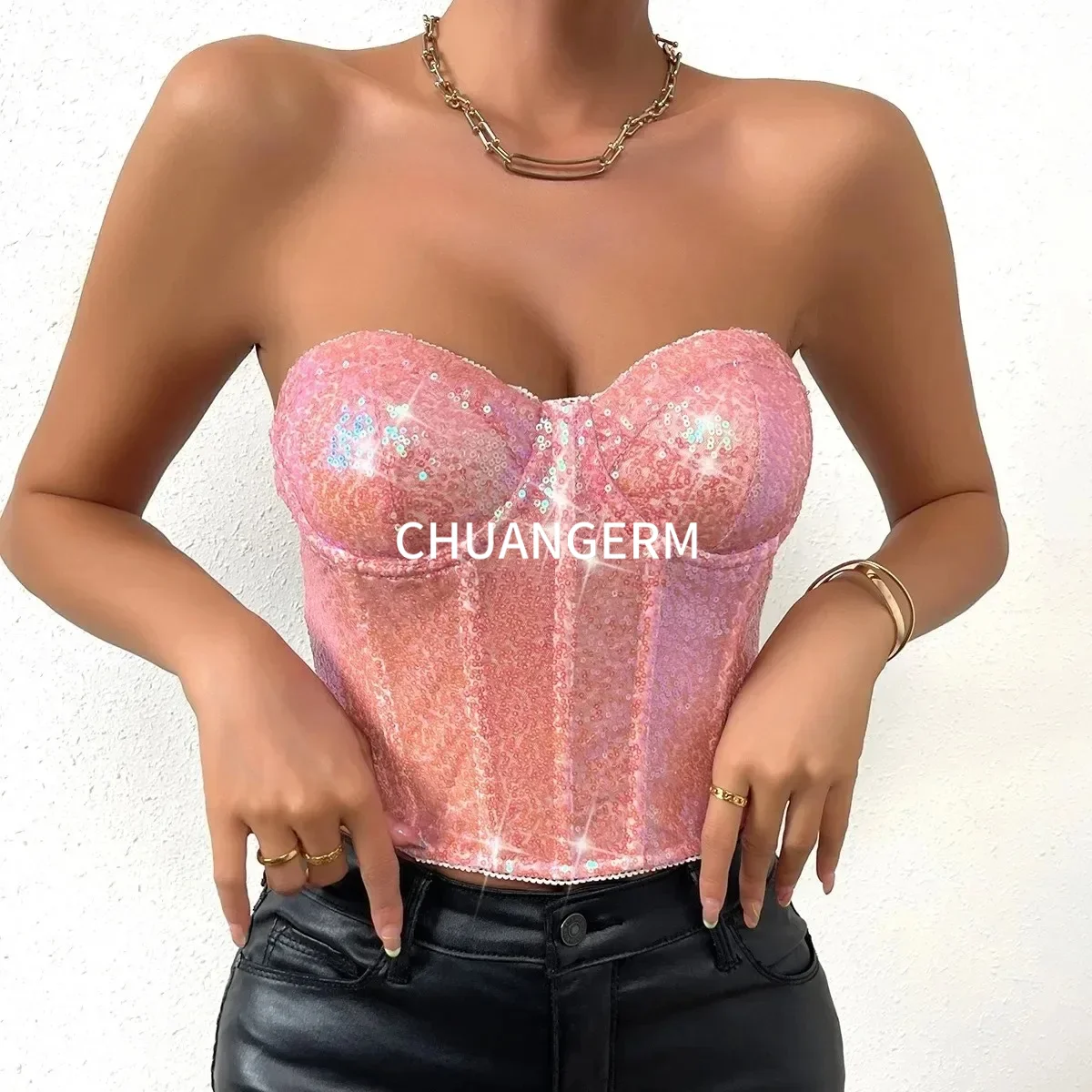 CHUANGERM Sexy Sequin Lace Up Shell Corset Women's Strapless Backless Off Shoulder Slim Waist Cinching Vest 2026 New Lady Tops