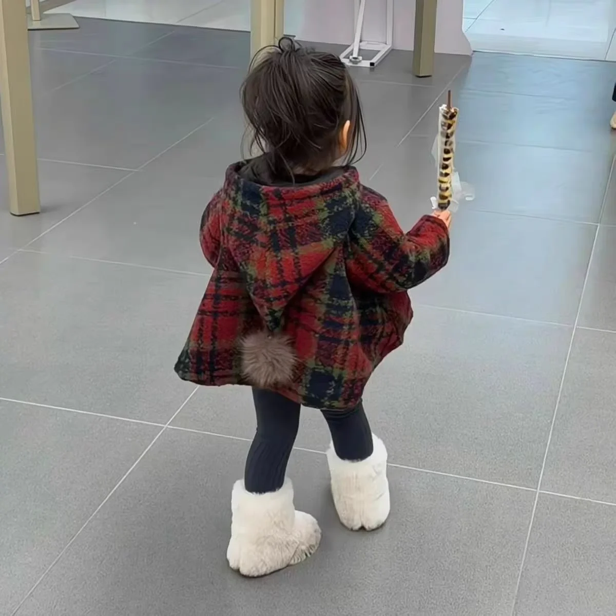 Girls Plaid Wool Coat Winter New Children's Hooded Red Outerwear Chinese New Year Outfit Kids Fashion