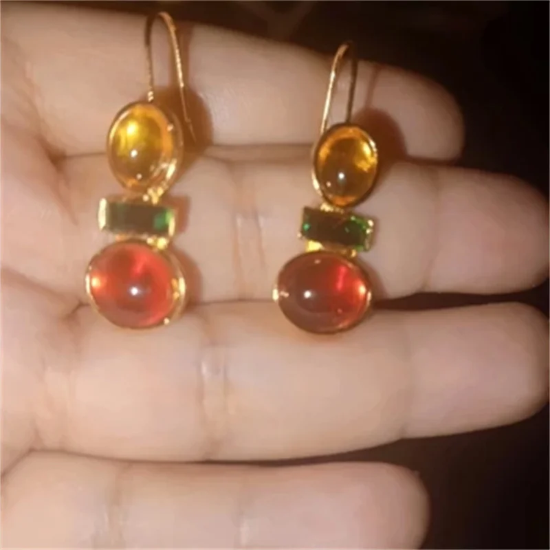Dazzling Gold Color Round Yellow Green Red Stone Dangle Earrings for Women Fashion Geometry Engagement Wedding Earrings