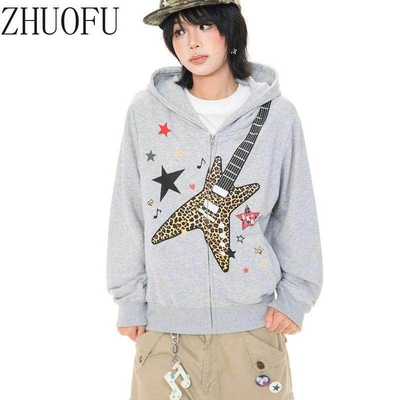 Original Retro Design Star Print Hooded Women's Hoodie Jackets 2026 Autumn New Loose Casual Versatile Cardigan Jacket Ladies