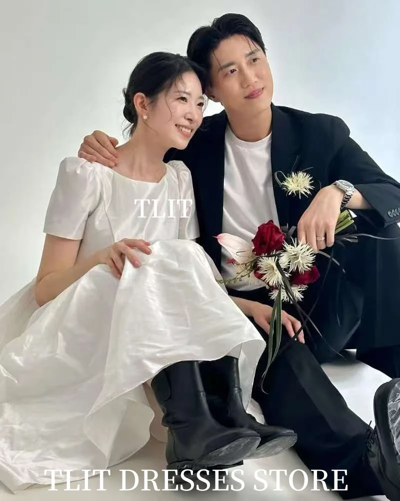 TLIT Eenvoudige witte satijnen avondjurk Korea trouwjurk fotoshoot O-hals bloemen galajurken op maat gemaakte korsetjurken