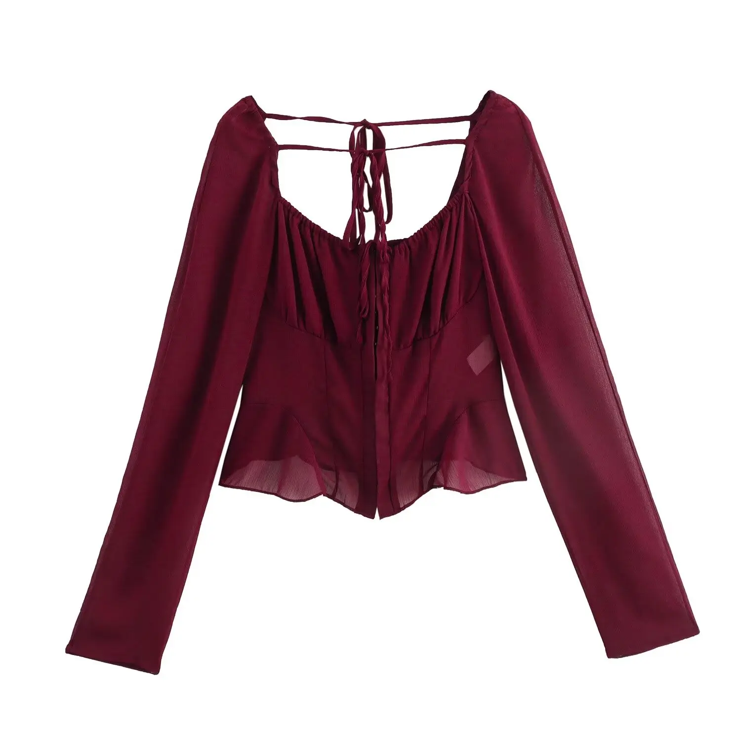 

French square neck mesh sexy long sleeve shirt women's fashion pure desire tight slightly transparent hot girl top
