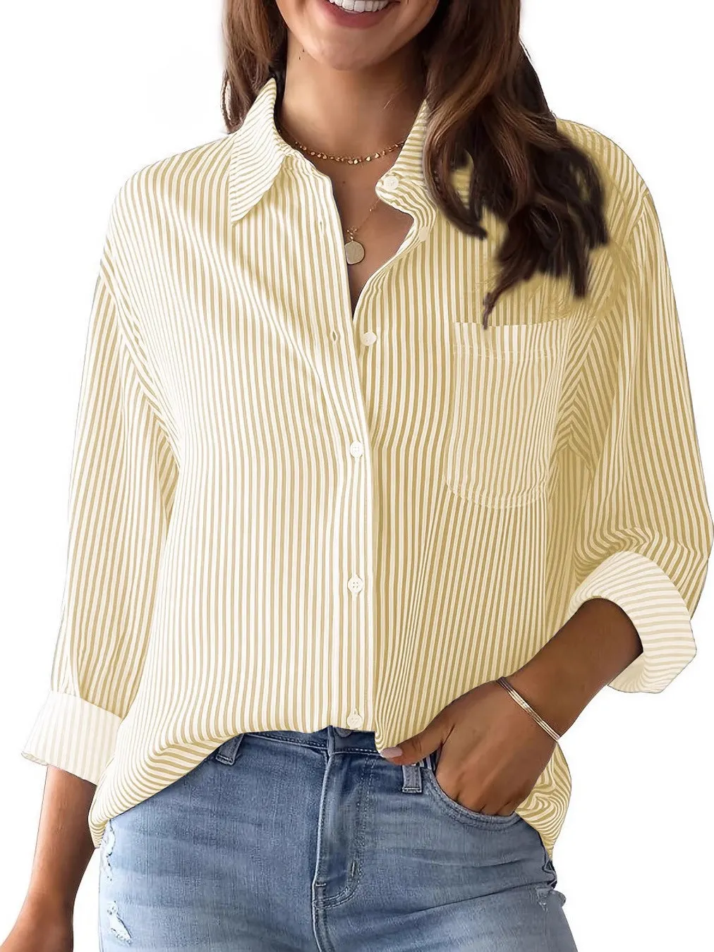 

Faionable Autumnal Striped Long Sve Loose Fit irt для женщин OL Sle Commute Wind с воротником на одной пуговице для интервью ...