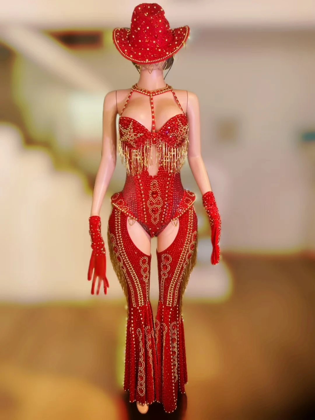 Luxury High-end Crystals Tassel Jumpsuit 4Pieces Set Cowboy Nightclub Women Dance Stage Show Outfit Festival Sexy Wear Hongding