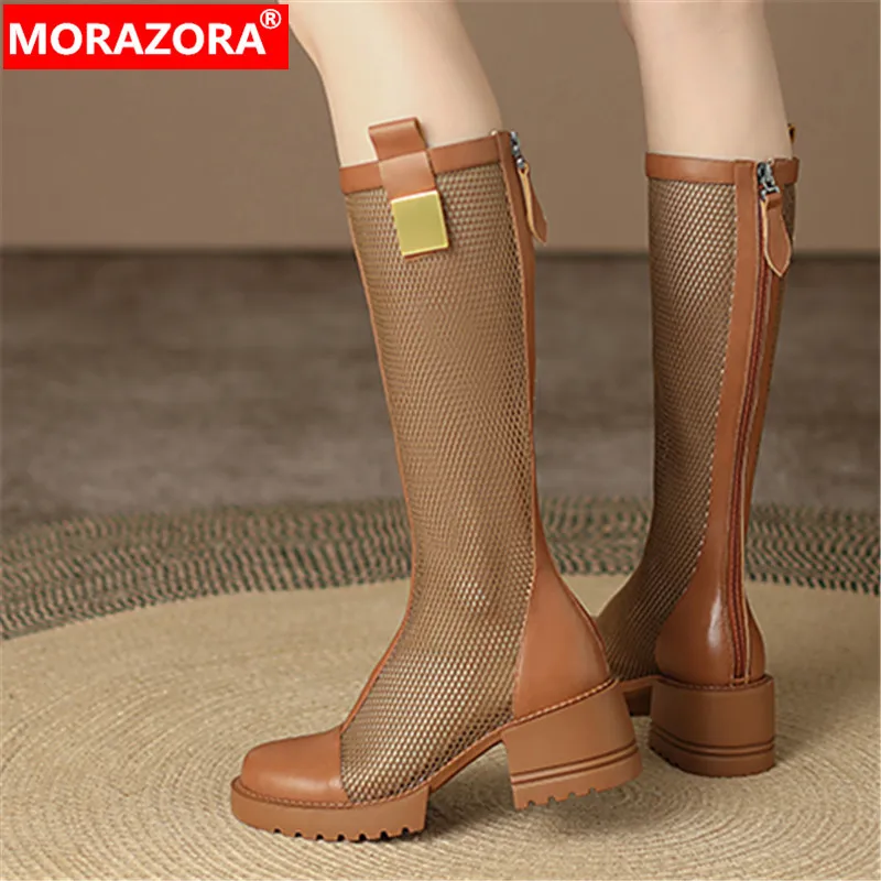 MORAZORA 2022 New Genuine Leather Knee High Boots Woman Square High Heels Summer Boots Retro Ladies Mesh Zipper Boots