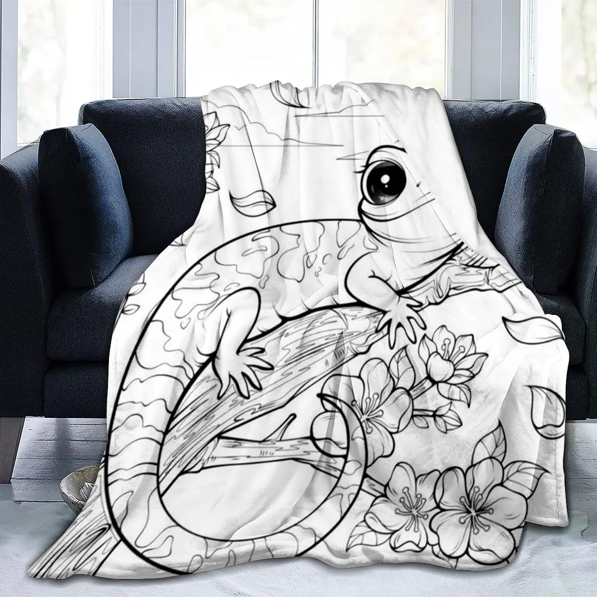 Giant Cute Lizard Nature Sketch Throw Blanket Doodle Art Woodland Animal Print Cozy Fleece Throw for Home Decor Gift