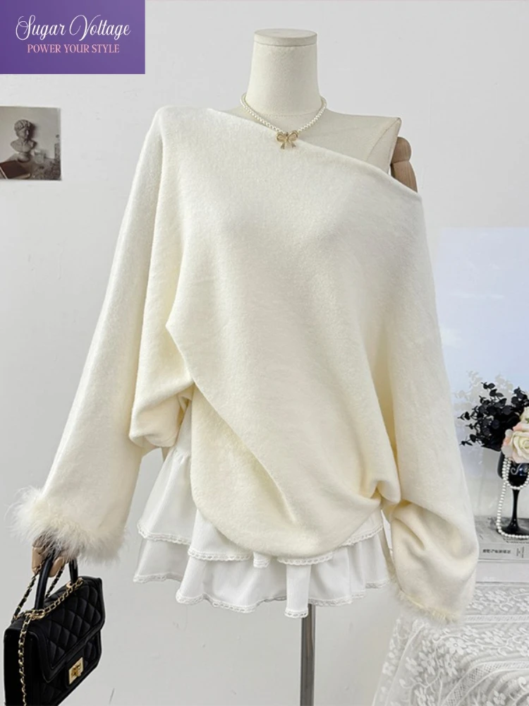 

Повседневный винтажный модный вязаный топ для женщин, осенний пуловер с открытыми плечами во французском стиле, свободная накидка, свитер с меховой отделкой, шикарный наряд в стиле ретро
