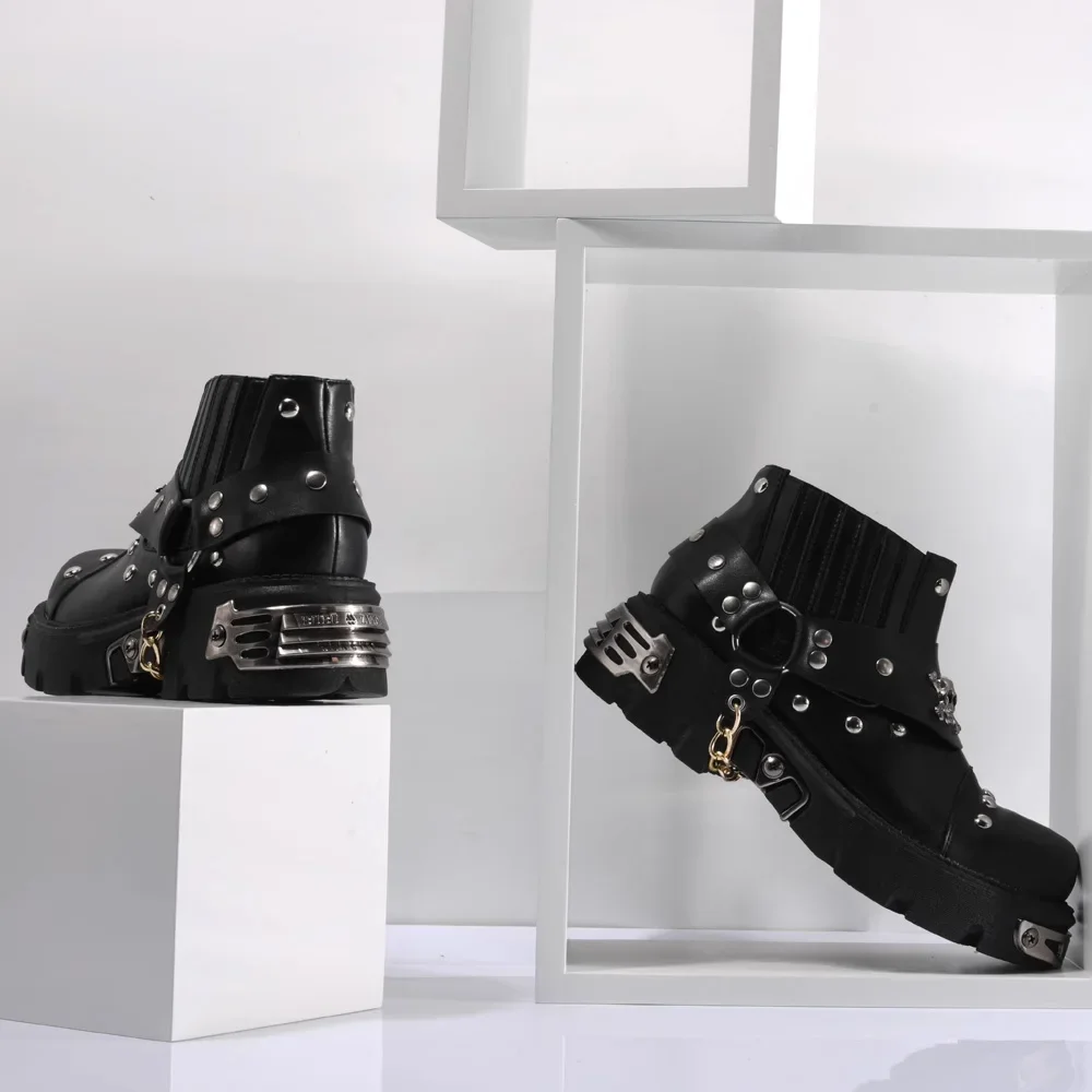 

Men's Fashion Genuine Leather Motorcycle Boots,Goth Skull Punk Cowboy Boots,Women Mid-calf Metallic Western Chelsea Boots