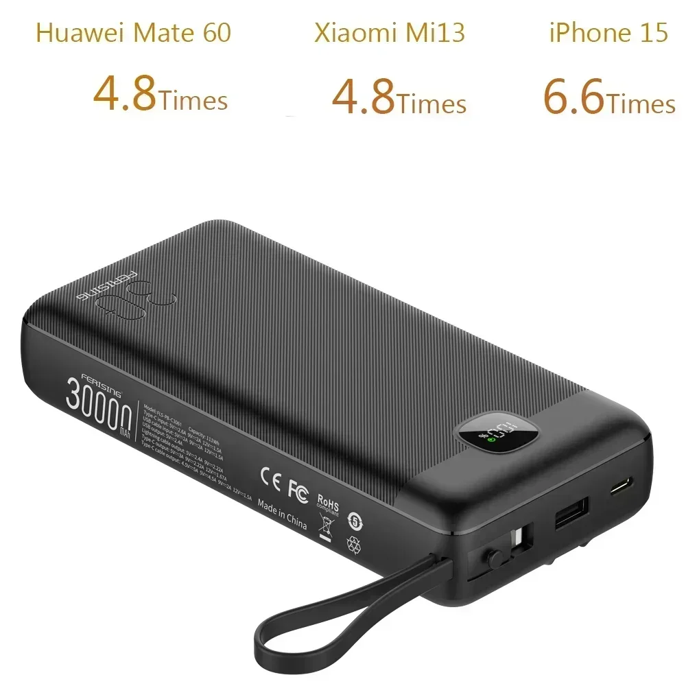 

FERISING 22.5W Power Bank 30000mAh Portable Fast Charging Powerbank Type C PD Qucik Charge External Battery Charger For iPhone15