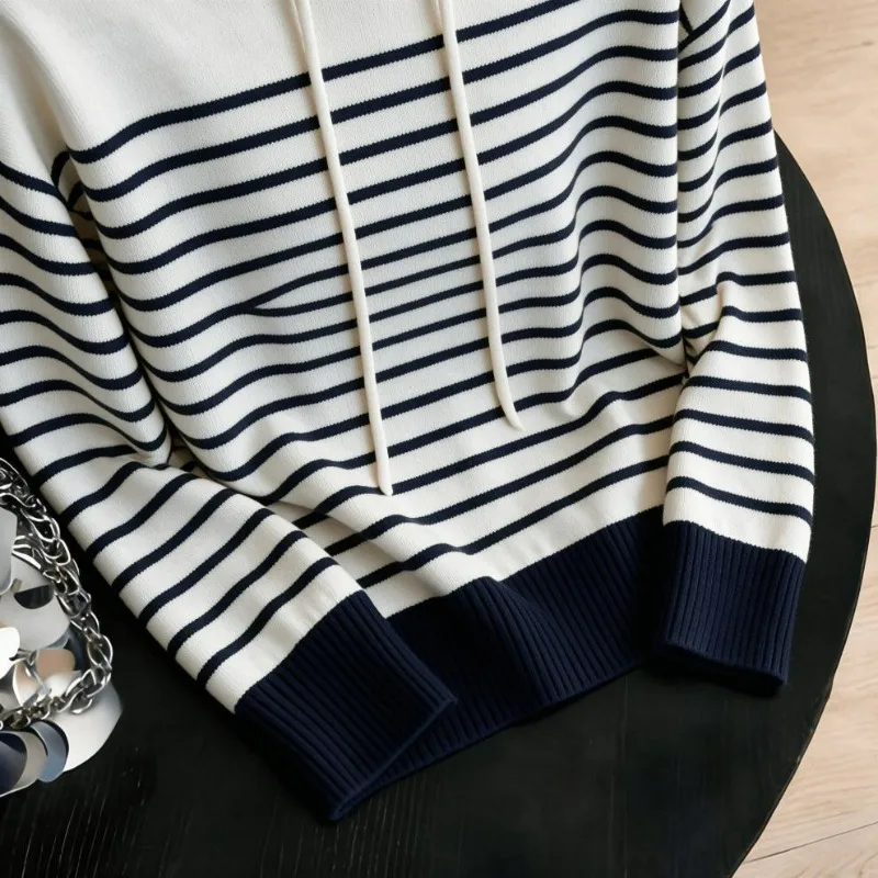 New Drawstring Contrasting Color Striped Hooded Sweater Women' Small Fragrant Black Pullover Long-sleeved Knitted Sweater Simple