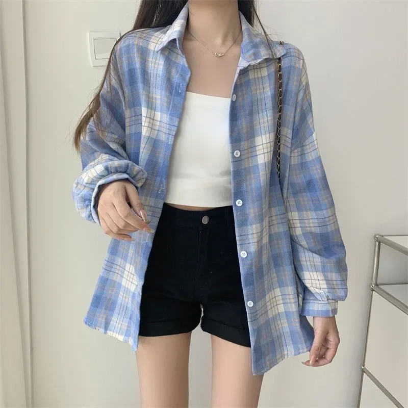 

Harajuku Plaid Print Shirt Women Fashion Long Sleeve Blouse Female Vintage Single Breasted Blouse Ladies Preppy Style Loose Tops