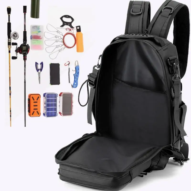 Plecak wędkarski na sprzęt z uchwytem na wędki, duża pojemność, wodoodporny, kamuflażowy plecak podróżny na ramię.