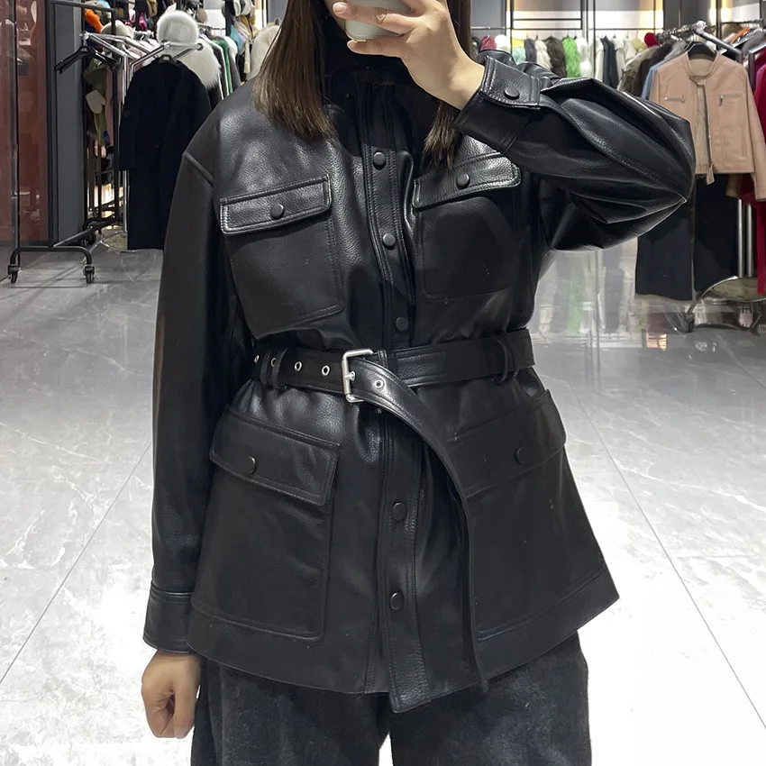 JANEFUR Cappotto da donna in vera pelle da ufficio da donna a vita alta retrò casual giacca in vera pelle di pecora autunno inverno JFB6-25009