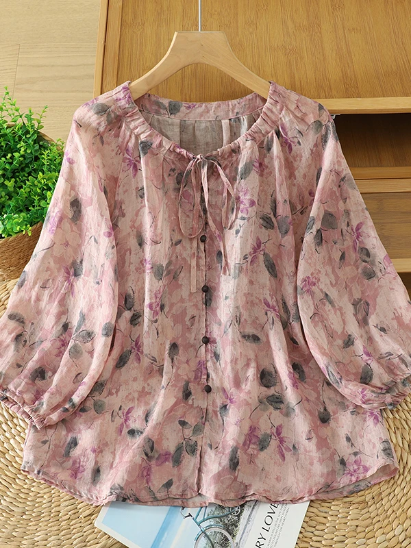 

Retro Cotton Linen Lantern Sleeve Printed Shirt Women Summer Lightweight Breathable round Neck Tied Anti Aging Sun Protection...
