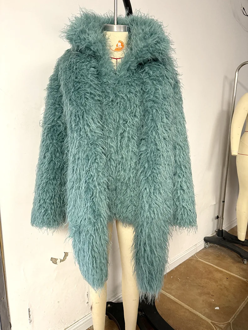 معاطف نسائية من الفرو الصناعي Y2k سترة من الفرو وشاح كبير الحجم برقبة دائرية وأكمام طويلة بغرز مفتوحة سميكة ودافئة من الفرو غير رسمية لخريف وشتاء 2025 #5