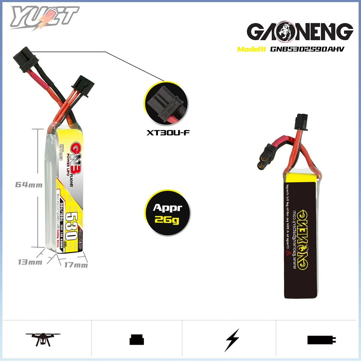 YUCT GNB 2S LiPo Batterie LiHV 7,6 V 530 mAh XT30 90C/Max180C 7,4 V Lithium-Batterie Für FPV Drone Quadcopter Batterie
