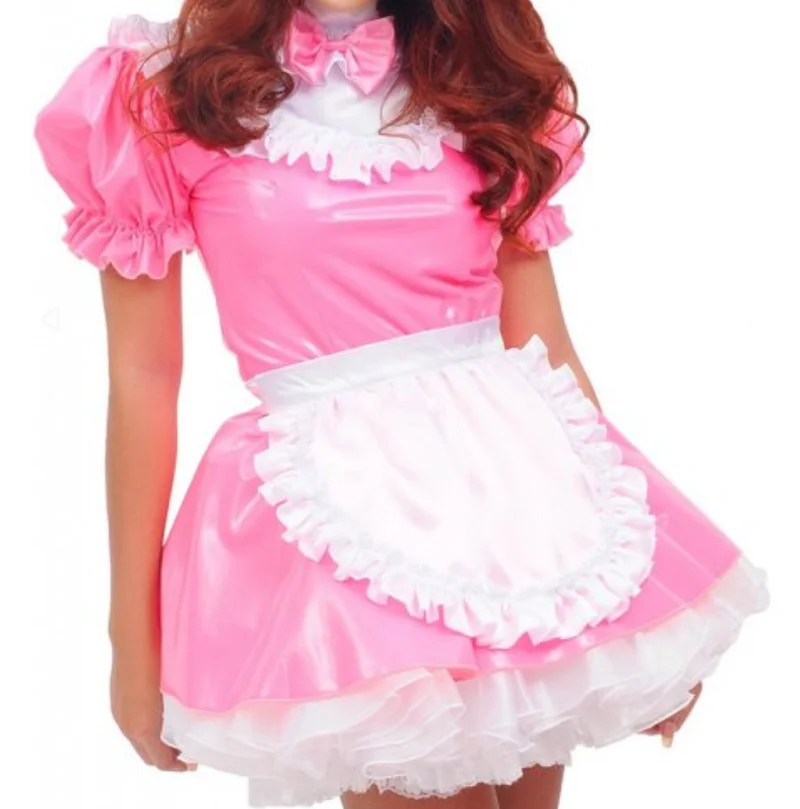 

Sexy Adult Giant Baby Girl Pink PVC Dress White Satin Apron Sissy Role Play Makeup Ball Maid Customizable Lockable Multi Color