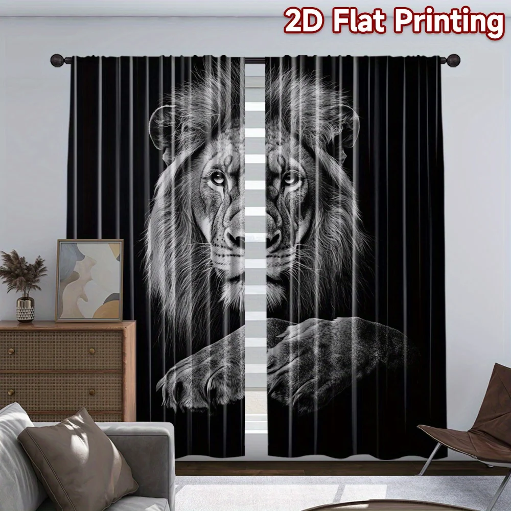 Majestic Lion Face Curtain, Black White Wildlife Print Drape, Bold Animal Portrait Window Treatment for Living Room Bedroom Home