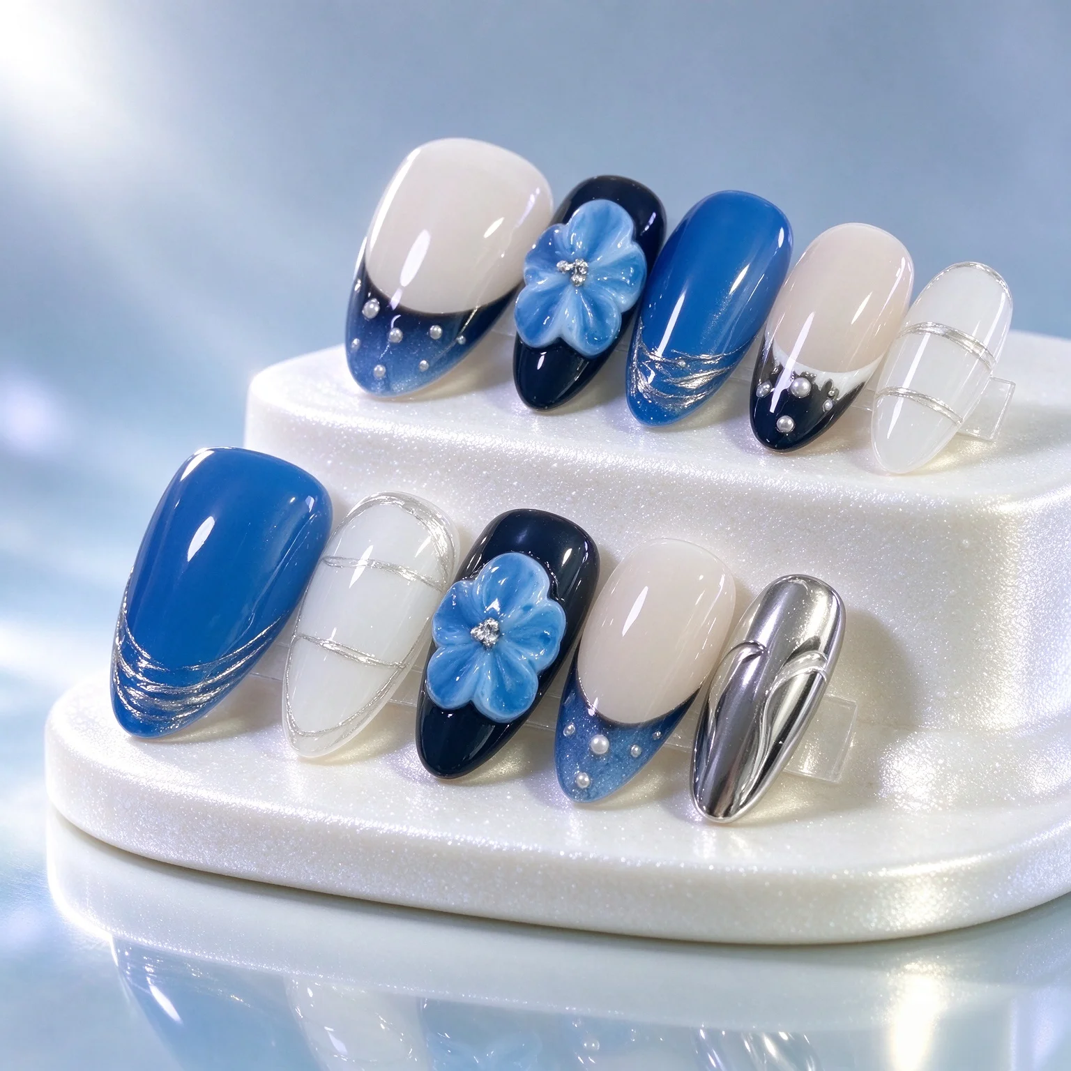 10pcs Blue Black Gradient Press On Nails 3D Blue Flower Pearl Silver Foil Decor Nude Fake Nail Short Almond Full Cover Nail Tips 2