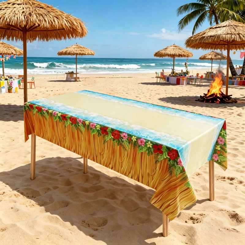 1pc Hawaiian Party Disposable Tablecloth, Wave Beach Hibiscus Surfboard Print, Summer Outdoor Holiday Gathering Decoration