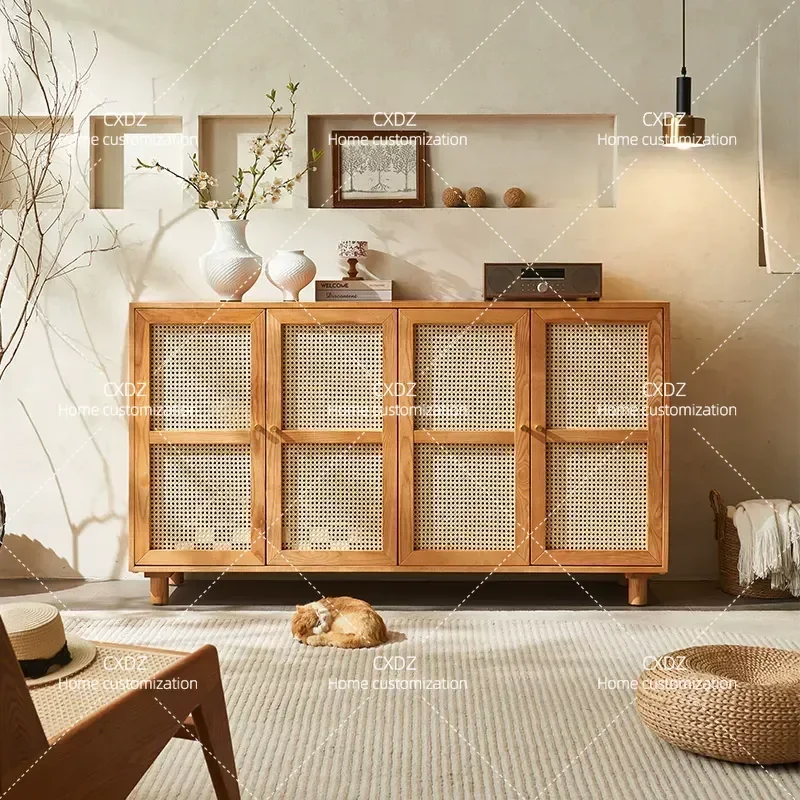Solid Wood Rattan Storage Cabinet Multifunctional Ash Wood Side Cabinet Small Apartment Simple Dining Locker
