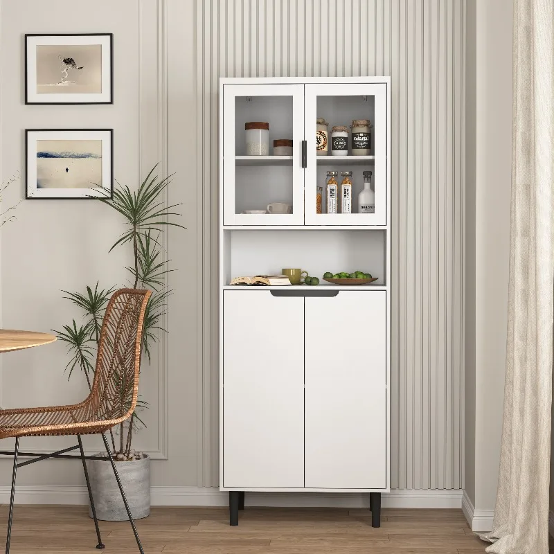 Bibliothèque haute avec portes en verre trempé et étagères réglables, armoire de rangement 4 portes en MDF peint, blanc, pour salon et chambre