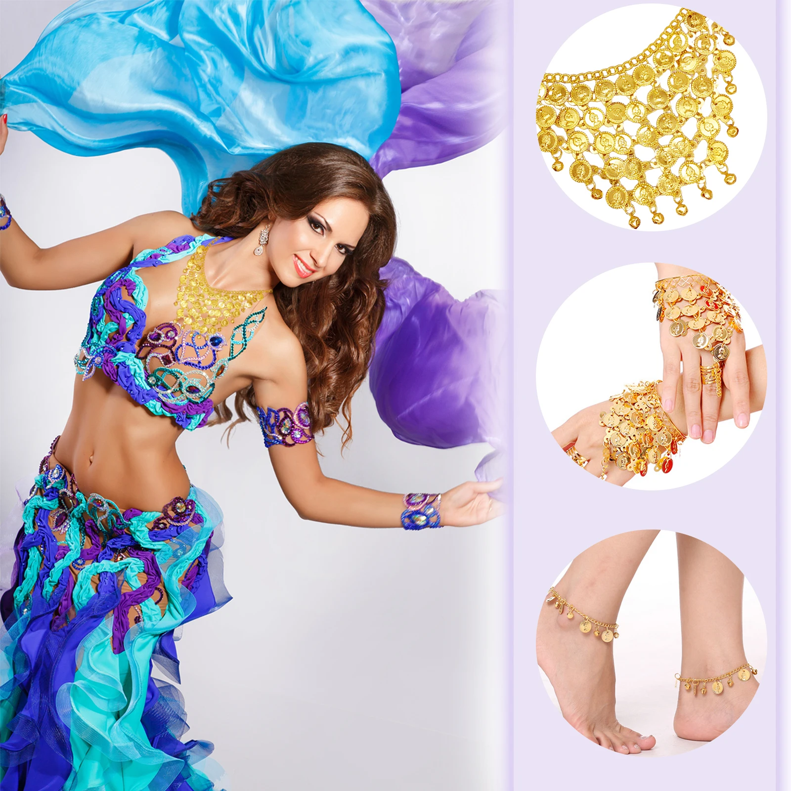 8Pcs Gypsy Costume Accessories Belly Dance Accessories Hip Scarf Wrap Belt Drop Earrings Hair Chain Earings