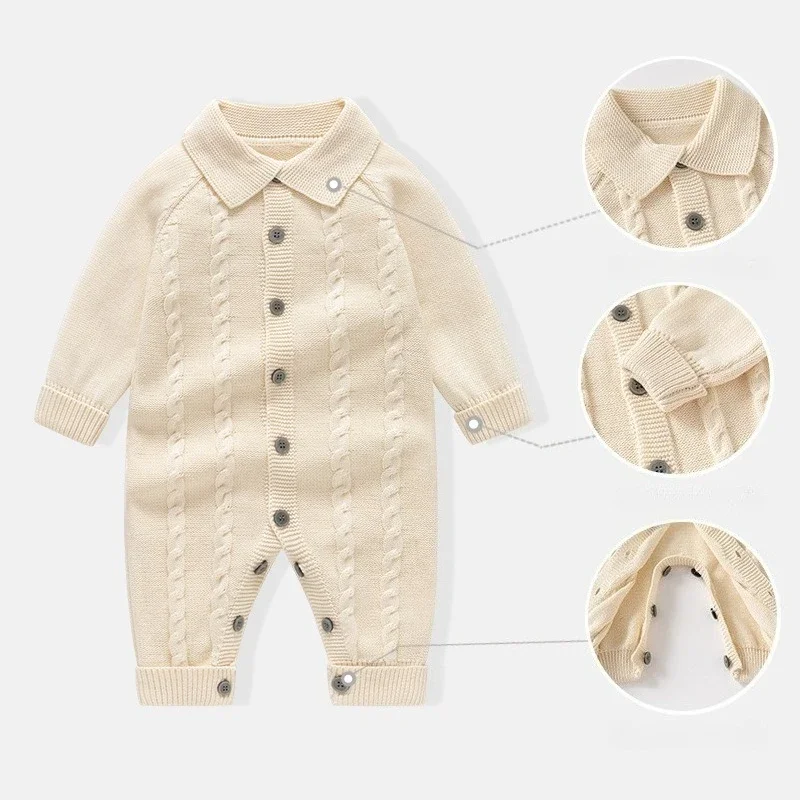 0-24M 100% Cotton Newborn Kid Baby Romper Boy Girl Winter Clothes Knit Thick Baby Sweater Warm Jumpsuit Casual Plain Outfit