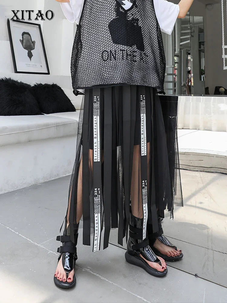 XITAO Mesh Hollow Out Print Letter Long Skirt Women Tape Elastic Waist Black Casual A-line Summer 2019 New Korea WLD1084