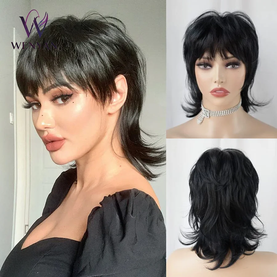 Peluca de 14 pulgadas en 3 colores, estilo Wolf Cut, peluca shaggy en capas tipo Mullet Pixie con flequillo, cabello sintético rizado de los años 80 y 90 para mujeres.