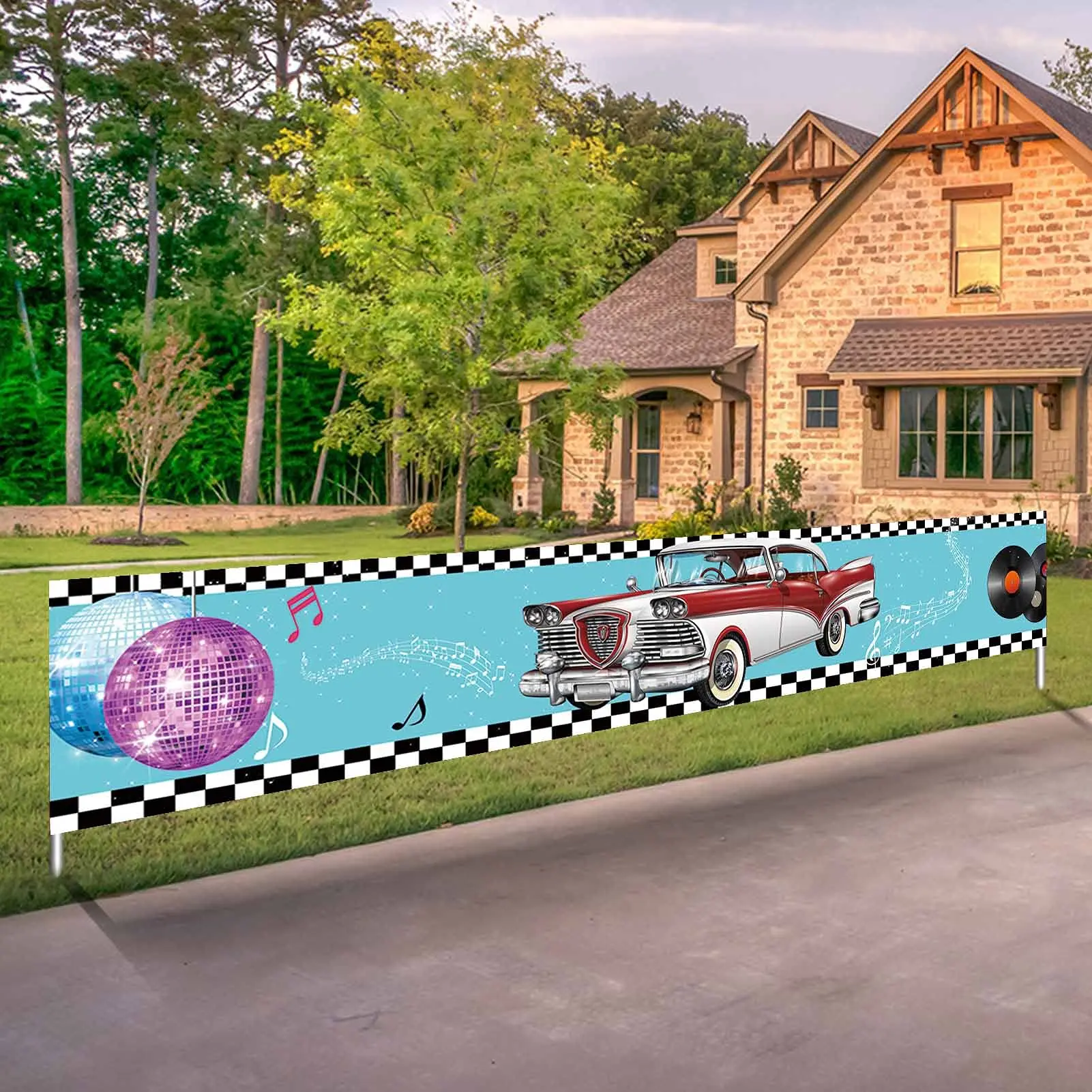 Back To 50\'s Sock Hop Theme Banner Outdoor Indoor Garden Sign Hanging Retro Car Rock Roll 50s Birthday Party Cake Table Supplies